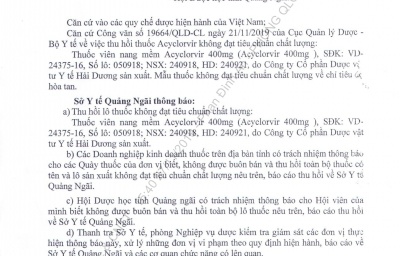THU HỒI LÔ THUỐC KHÔNG ĐẠT TIÊU CHUẨN CHẤT LƯỢNG